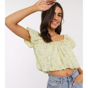 Asos Top Women 14 Yellow Ditsy Floral Print with Bubble Hem Whimsical‎ Fairycore